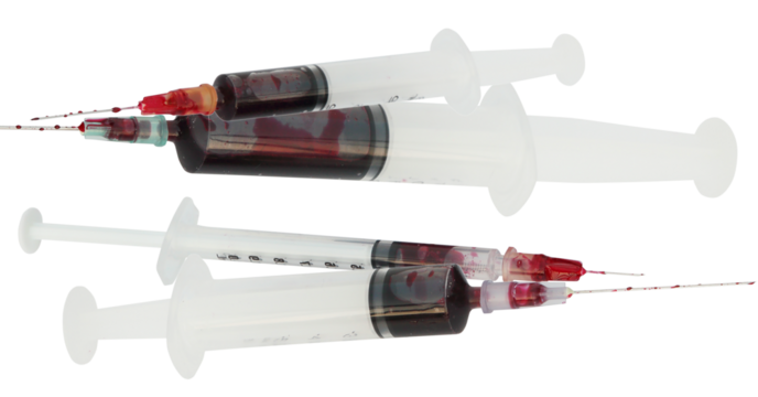 cluster of four disposable medical syringes filled with dark red liquid, possibly blood, featuring sharp needles and drips, isolated on a dark transparent background.
