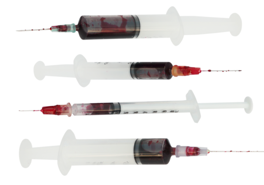studio photograph capturing four disposable medical syringes filled with dark liquid, likely blood, arranged horizontally and isolated on a clean transparent background. - Powered by Adobe