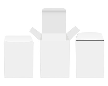 three isolated white cardboard packaging boxes in different states, including closed, open, and front and side views, rendered realistically on a transparent background.