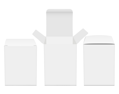three isolated white cardboard packaging boxes in different states, including closed, open, and front and side views, rendered realistically on a transparent background.