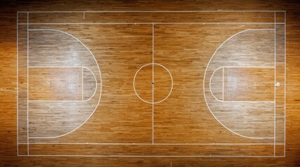 Basketball court viewed from above showing hardwood floor and court markings during practice hours in a gymnasium