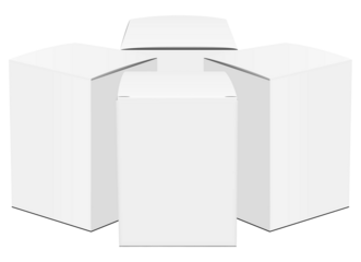 front view of three blank white cardboard packaging boxes arranged closely together, suitable for product packaging mockup, isolated on a clean transparent background.