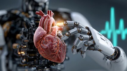 A robotic hand gently touches a beating heart, with neon circuits and a heartbeat line. glowing arc - Powered by Adobe