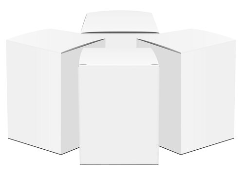 front view of three blank white cardboard packaging boxes arranged closely together, suitable for product packaging mockup, isolated on a clean transparent background.