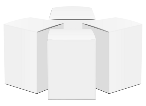 front view of three blank white cardboard packaging boxes arranged closely together, suitable for product packaging mockup, isolated on a clean transparent background.