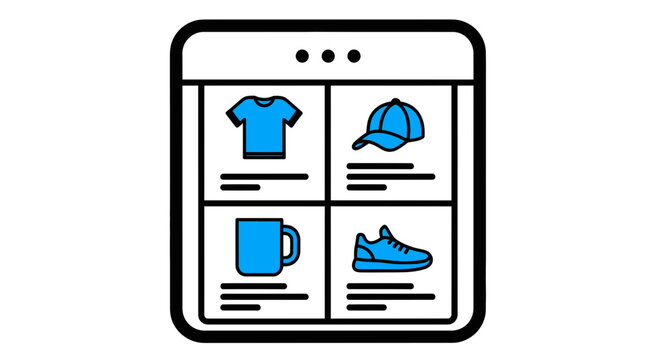 Modern e-commerce interface showing apparel, mug, and shoe product listings