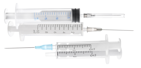 three disposable plastic medical syringes of different volumes, featuring clear measurement markings and attached needles, stacked horizontally against a transparent background.