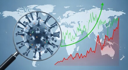 Virus Impact Magnified Pathogen  Ascending Charts Over Global Map.