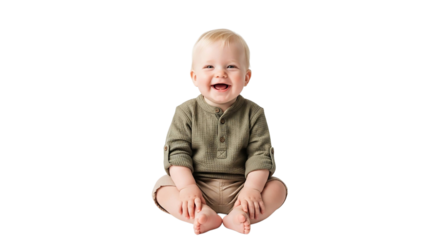Happy baby sitting with crossed legs isolated on transparent background