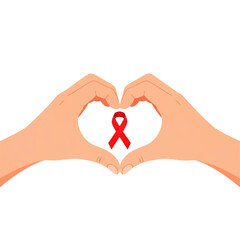 Obraz premium Two hands forming a heart shape around a red ribbon, symbolizing awareness.