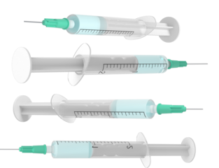 four realistic 3d rendered hypodermic syringes filled with a blue liquid, aligned horizontally against a transparent background, depicting ready-to-use medical instruments.