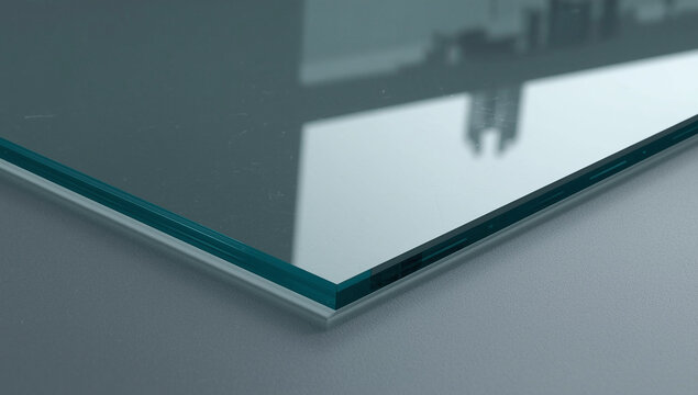 a close-up photograph of a sheet of bulletproof glass with a subtle sheen, showcasing its textured surface