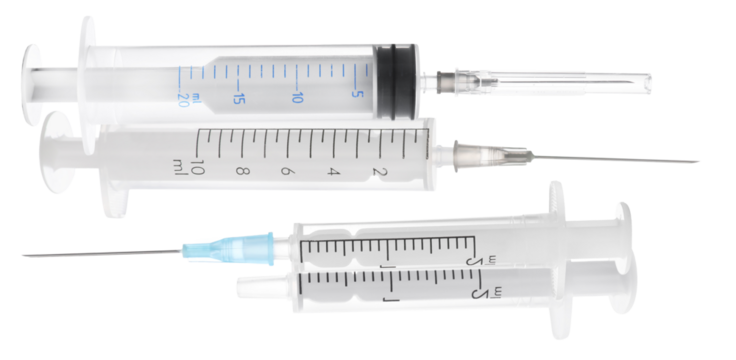 three disposable plastic medical syringes of different volumes, featuring clear measurement markings and attached needles, stacked horizontally against a transparent background.