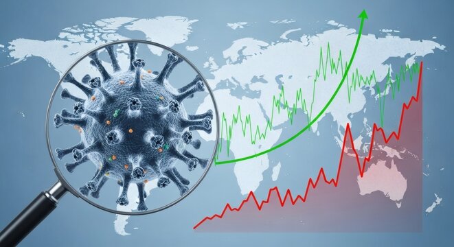 Virus Impact Magnified Pathogen  Ascending Charts Over Global Map.