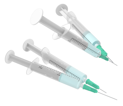 set of four hypodermic syringes filled with a light blue liquid substance, arranged in pairs and oriented diagonally, isolated as a realistic 3d render on black.