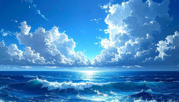 Vivid, anime-style seascape under a bright blue sky with fluffy cumulus clouds and sun glinting on the ocean waves