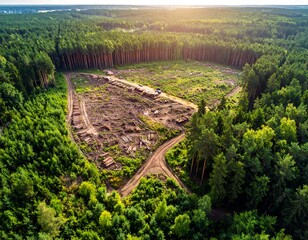 Aerial view showcasing a deforested area surrounded by lush green forest