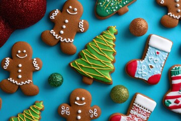 Gingerbread men, Christmas trees, and stockings with glittering holiday ornaments on blue background with copy space, top view