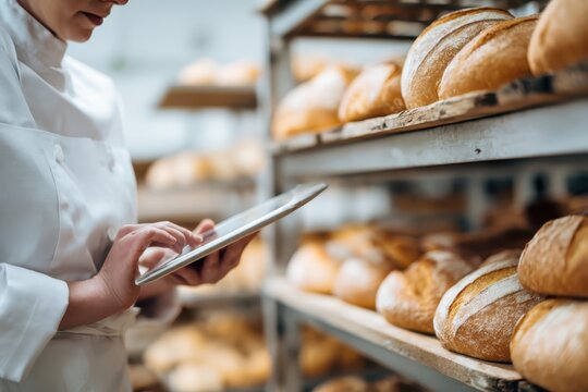 Baker woman in white clean chef uniform use tablet computer for control quality standing in front of bread display counter at the bakery factory. Banner modern foodstuff industry. Food technologist