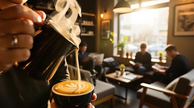 Barista Pouring Latte Art in Cozy Coffee Shop with Customers Relaxing.