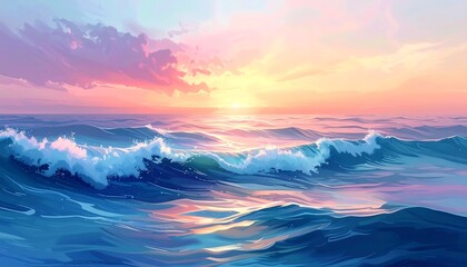 Vivid digital painting of ocean waves at sunset, pastel sky reflected on water surface. Calm, peaceful scene