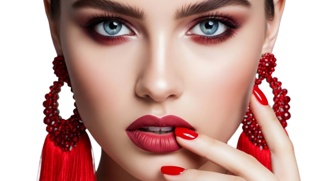 Beautiful woman with red makeup and earrings isolated on transparent background
