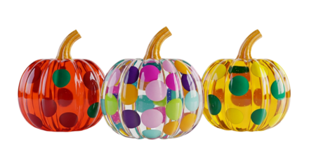 Colorful polka dot glass pumpkins isolated on transparent background, a whimsical trio