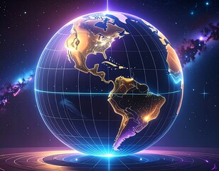 Glowing Earth globe with grid and space background