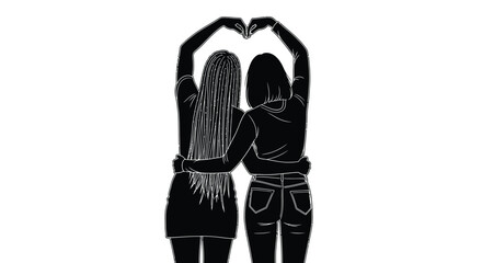 Two women form heart shape with arms, symbolizing friendship and love
