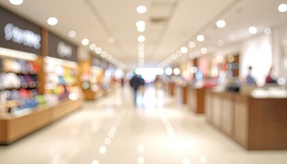 Blurred shopping mall interior with lights and people.