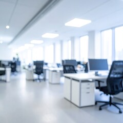 Blurred office desks, computers, chairs, bright lighting