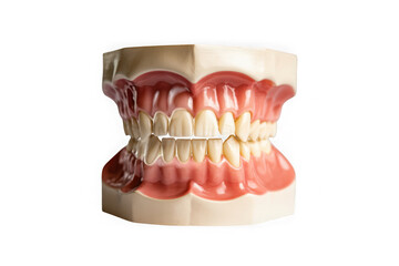 Obraz premium Artificial dental model showing upper and lower teeth in pink gums isolated on white background