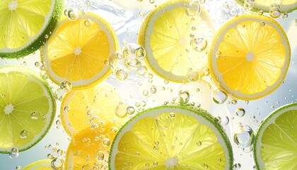 Citrus slices float amidst bubbles in refreshing, cool liquid