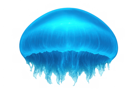 Glowing blue jellyfish floating, bioluminescent marine life, underwater ocean creature, transparent background nature