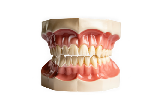 Close-up of a dental jaw model showing healthy white teeth and pink gums isolated on transparent background