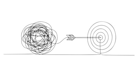 Conceptual continuous one line drawing illustrating the transition from chaos to clarity, a tangled path leading to a clear goal