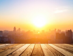 Wooden deck overlooks blurred city at golden hour sunrise