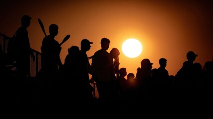 Silhouettes of players against a vibrant sunset during a baseball game at a local field in the evening