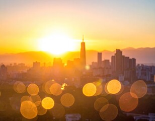 Cityscape glow at sunrise, bokeh lights