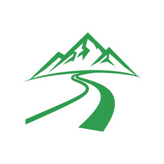 A green graphic logo of a winding road leading towards a mountain range.