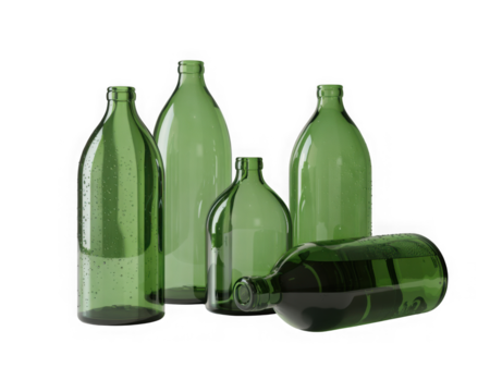 Empty green glass bottles with water droplets and varied forms, eco theme isolated on transparent background