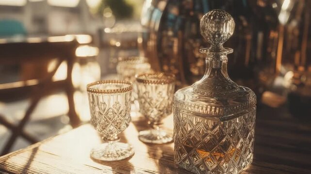 Crystal decanter with a stopper and two matching cut-glass glasses on a wooden table bathed in warm sunlight.