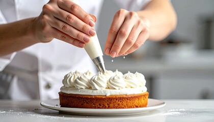 Baker decorating cake with cream and sprinkles