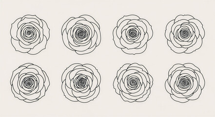 Clean black line drawings of eight different rose rosettes, each with layered spiral petals. Minimal, monochrome floral icons arranged in a grid on a light neutral background