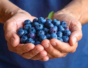Hands hold fresh blueberries; vibrant blue backdrop