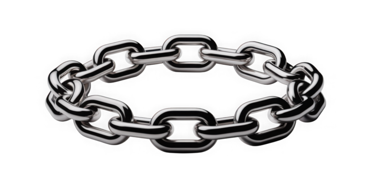 Circular metallic chain forming a closed loop, representing connection or unity isolated on transparent background