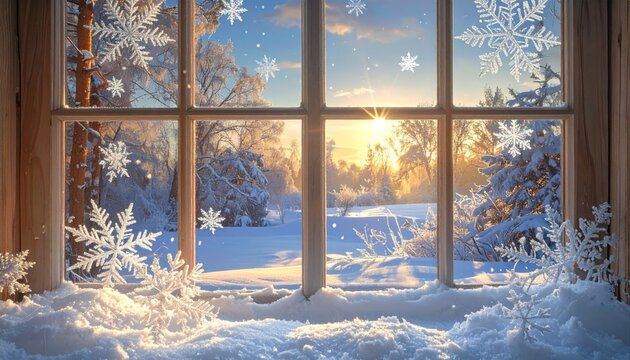 Cozy Window View of a Magical Winter Wonderland at Sunrise