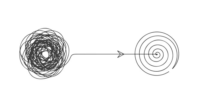 The journey of one continuous line drawing from intricate chaos to a clear, precise target, symbolizing problem-solving, progress, and achieving goals effectively