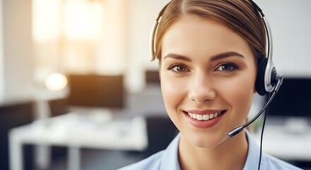 Customer service representative wearing headset and smiling, assisting clients with their inquiries