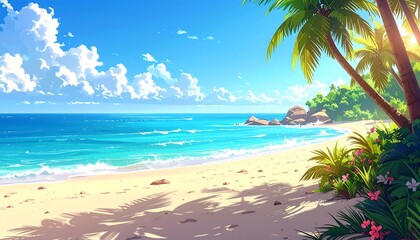 Vibrant beach scene with palms, blue water, bright sun and puffy clouds in anime style, evoking serenity